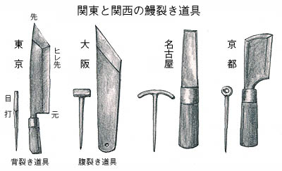 関東と関西の鰻裂き道具